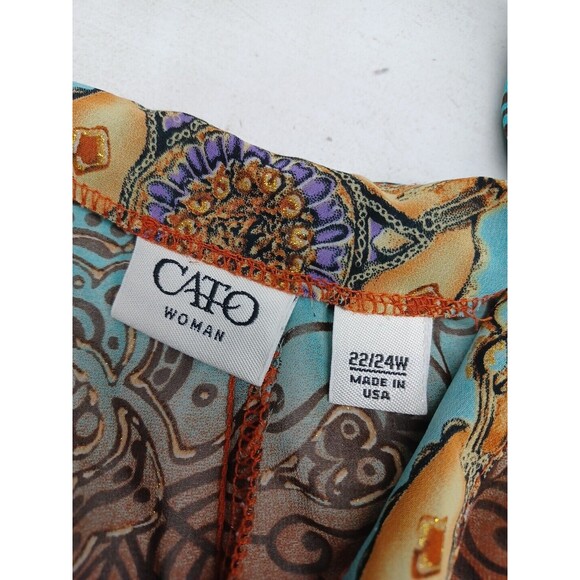 Cato Chiffon Blouse Turquoise Brown Gold Sz 22/24W - Picture 9 of 11